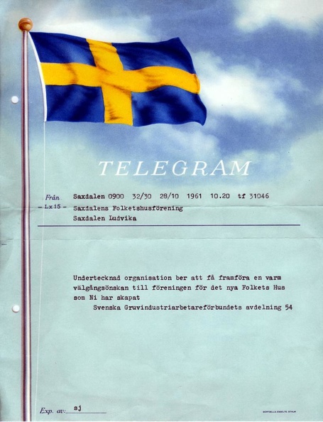 Telegram till invigningen 28 okt 1961